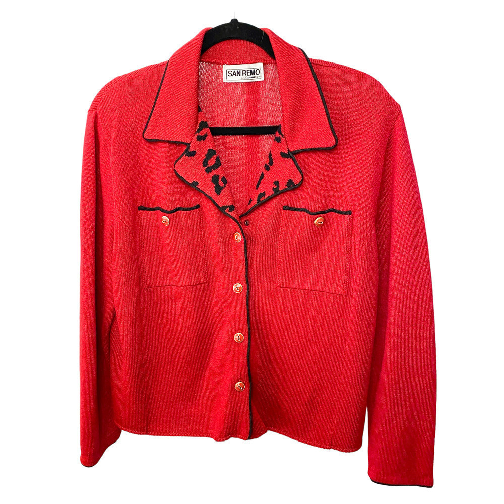 Vintage San Remo Red Knit Jacket Blazer cardigan Animal collar medium